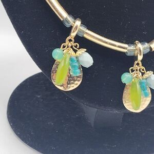 Vintage Dangle Charm Station Necklace 19in – Gold Boho Beaded Jewelry with Green